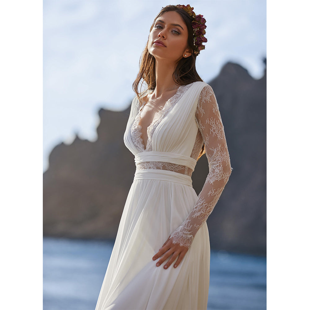 Bohemian Wedding Dress Beach Long Sleeve V Neck Floor Length