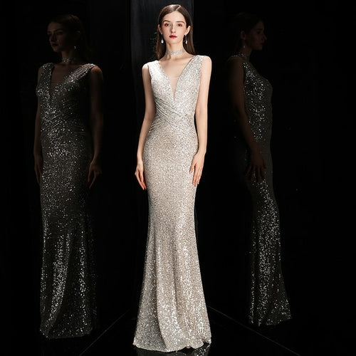 Deerveado Elegant V Neck Sequin Long Evening Dress