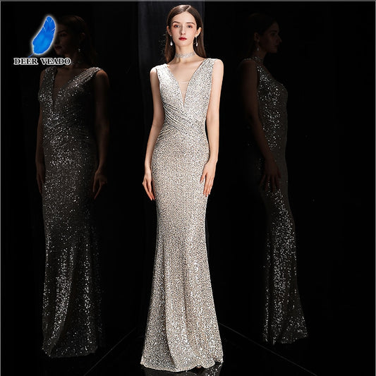 Deerveado Elegant V Neck Sequin Long Evening Dress