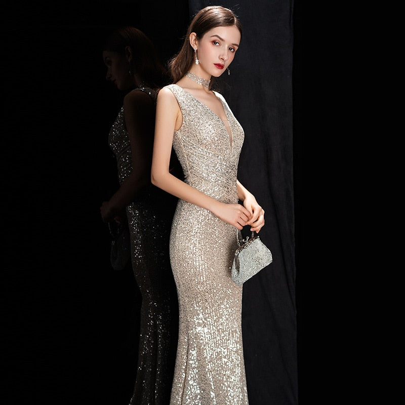 Deerveado Elegant V Neck Sequin Long Evening Dress