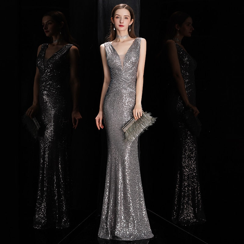 Deerveado Elegant V Neck Sequin Long Evening Dress