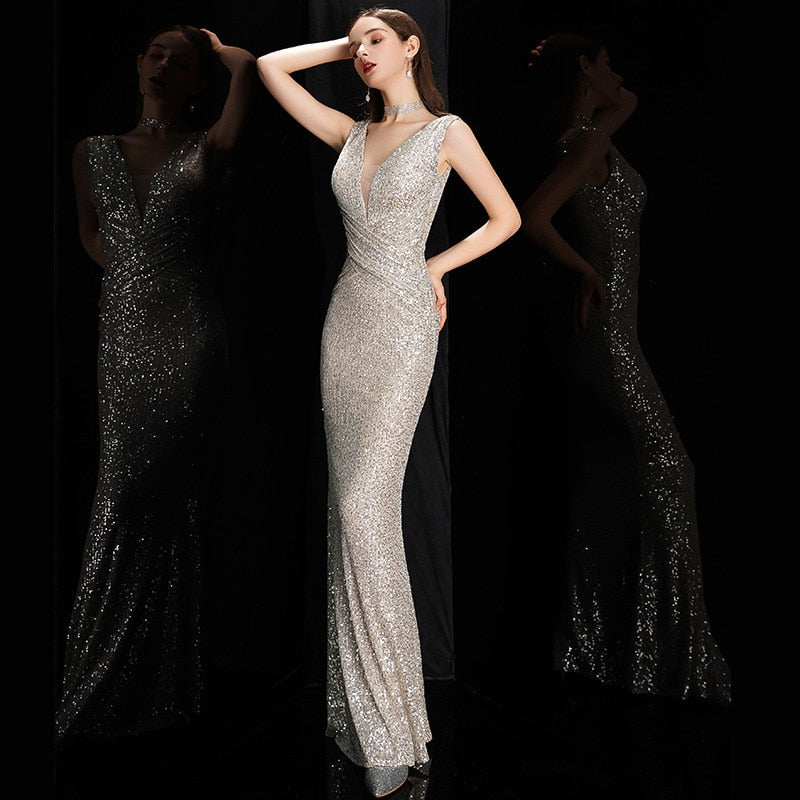 Deerveado Elegant V Neck Sequin Long Evening Dress