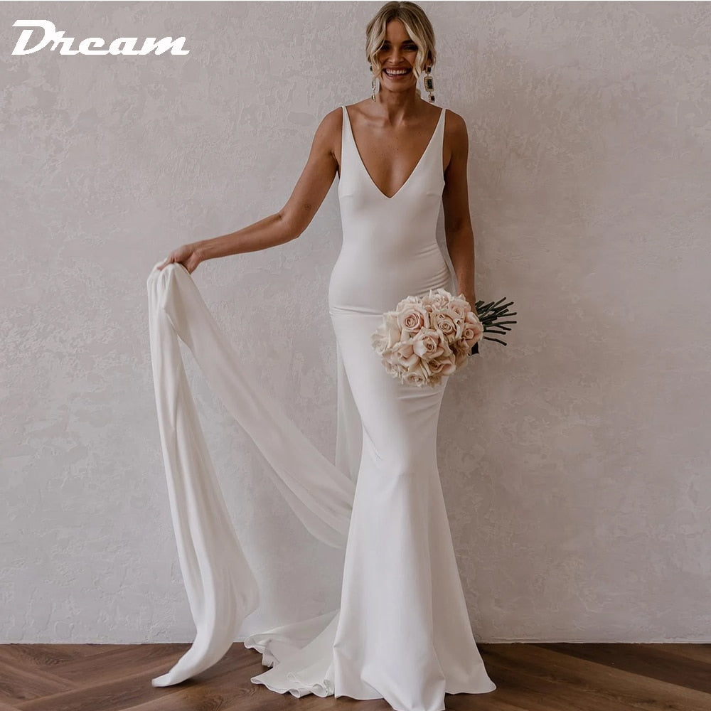 DREAM Deep V Neck Crepe Detachable Train Mermaid Wedding Dress 2023