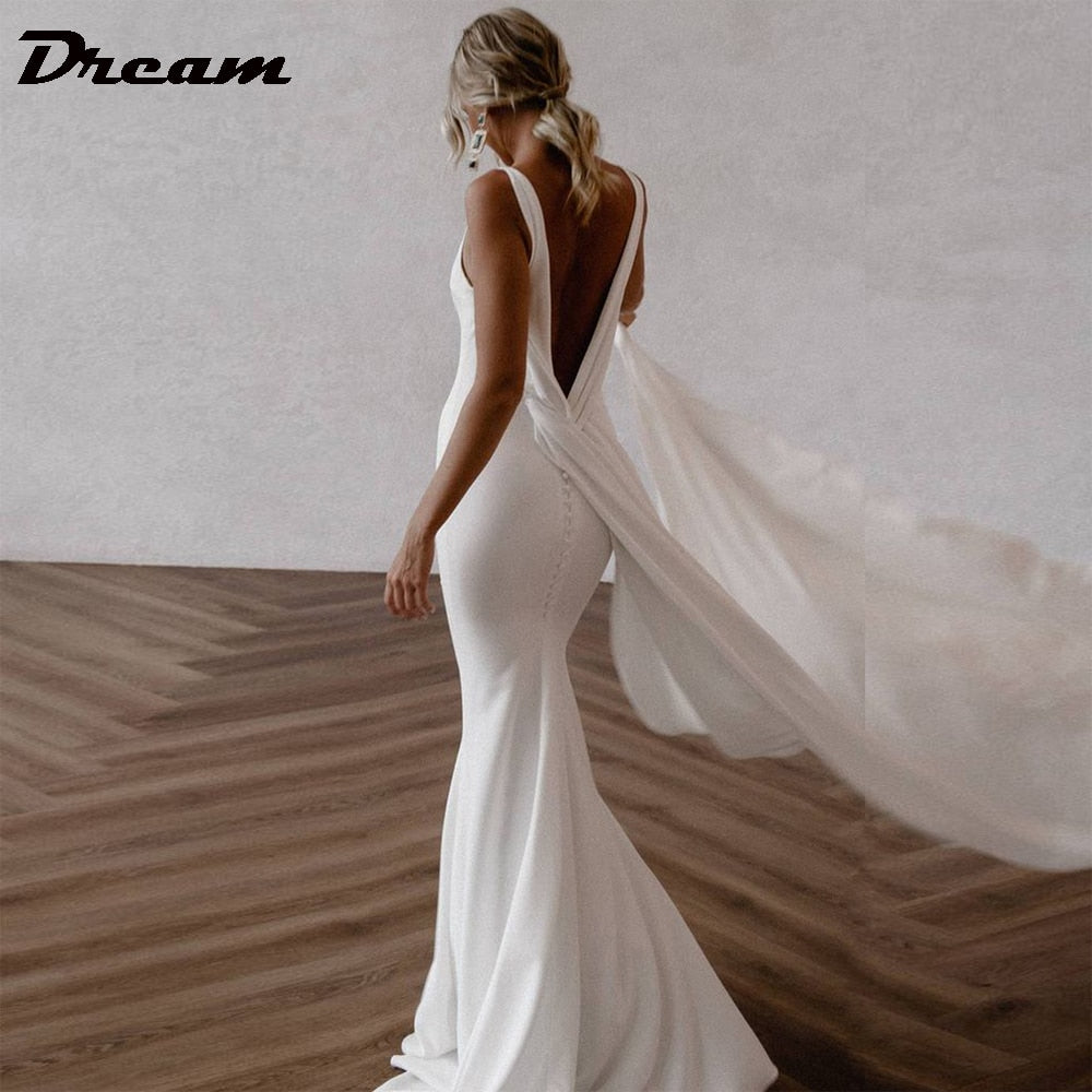 DREAM Deep V Neck Crepe Detachable Train Mermaid Wedding Dress 2023