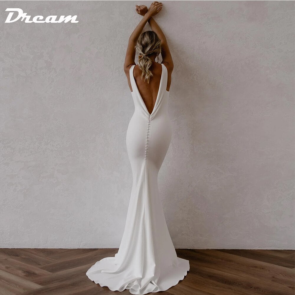 DREAM Deep V Neck Crepe Detachable Train Mermaid Wedding Dress 2023