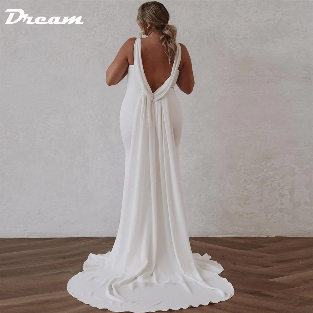 DREAM Deep V Neck Crepe Detachable Train Mermaid Wedding Dress 2023