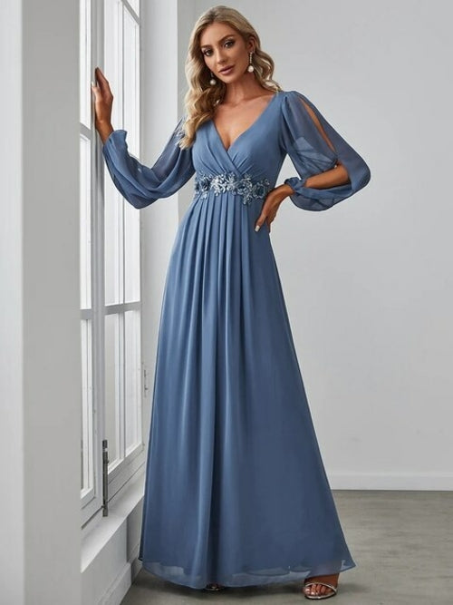 Elegant Evening Dresses Chiffon Long A-line Long Sleeves V-neck