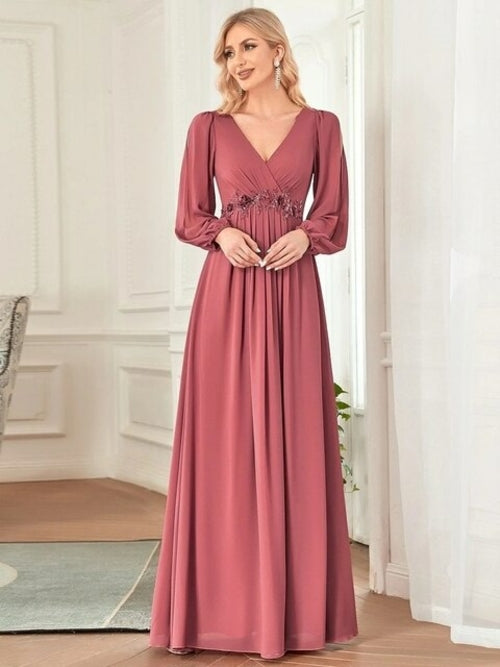 Elegant Evening Dresses Chiffon Long A-line Long Sleeves V-neck