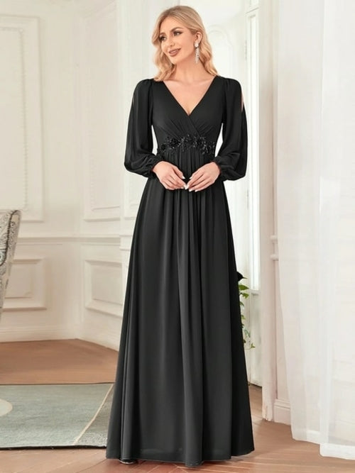 Elegant Evening Dresses Chiffon Long A-line Long Sleeves V-neck