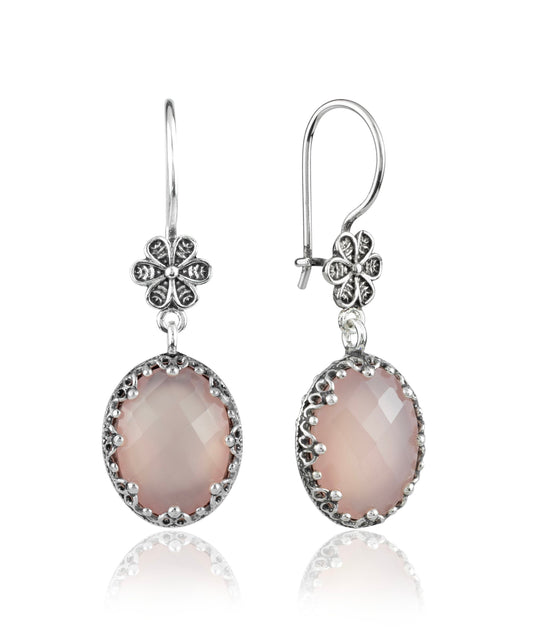 Filigree Art Pink Chalcedony Gemstone Women Silver Oval Dangle