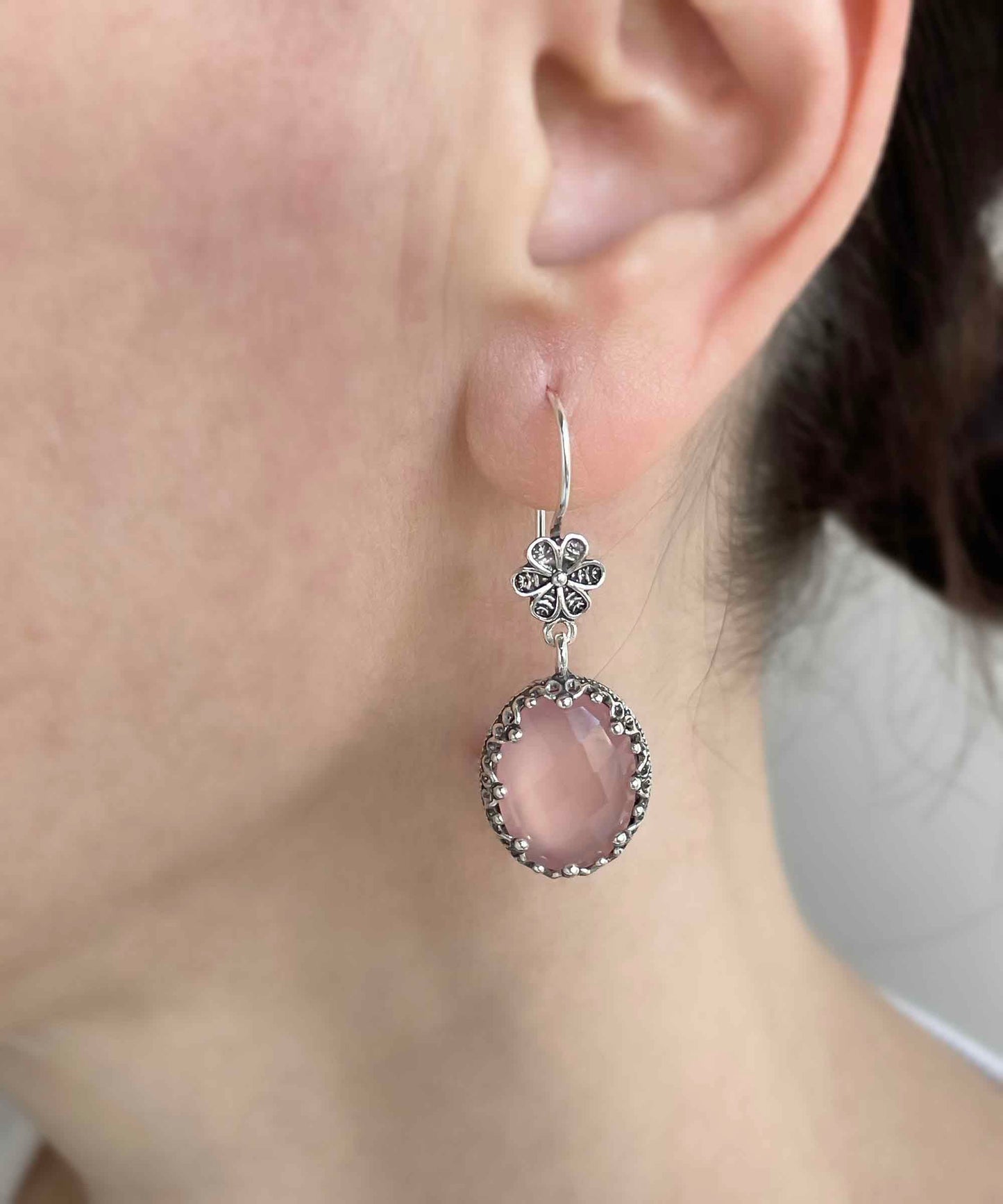 Filigree Art Pink Chalcedony Gemstone Women Silver Oval Dangle