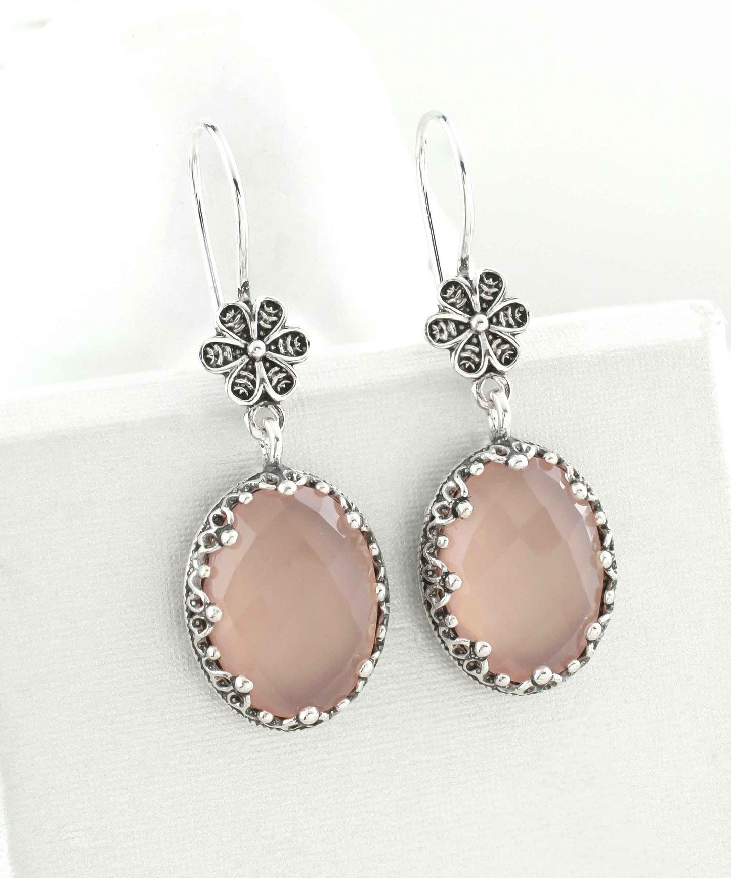 Filigree Art Pink Chalcedony Gemstone Women Silver Oval Dangle