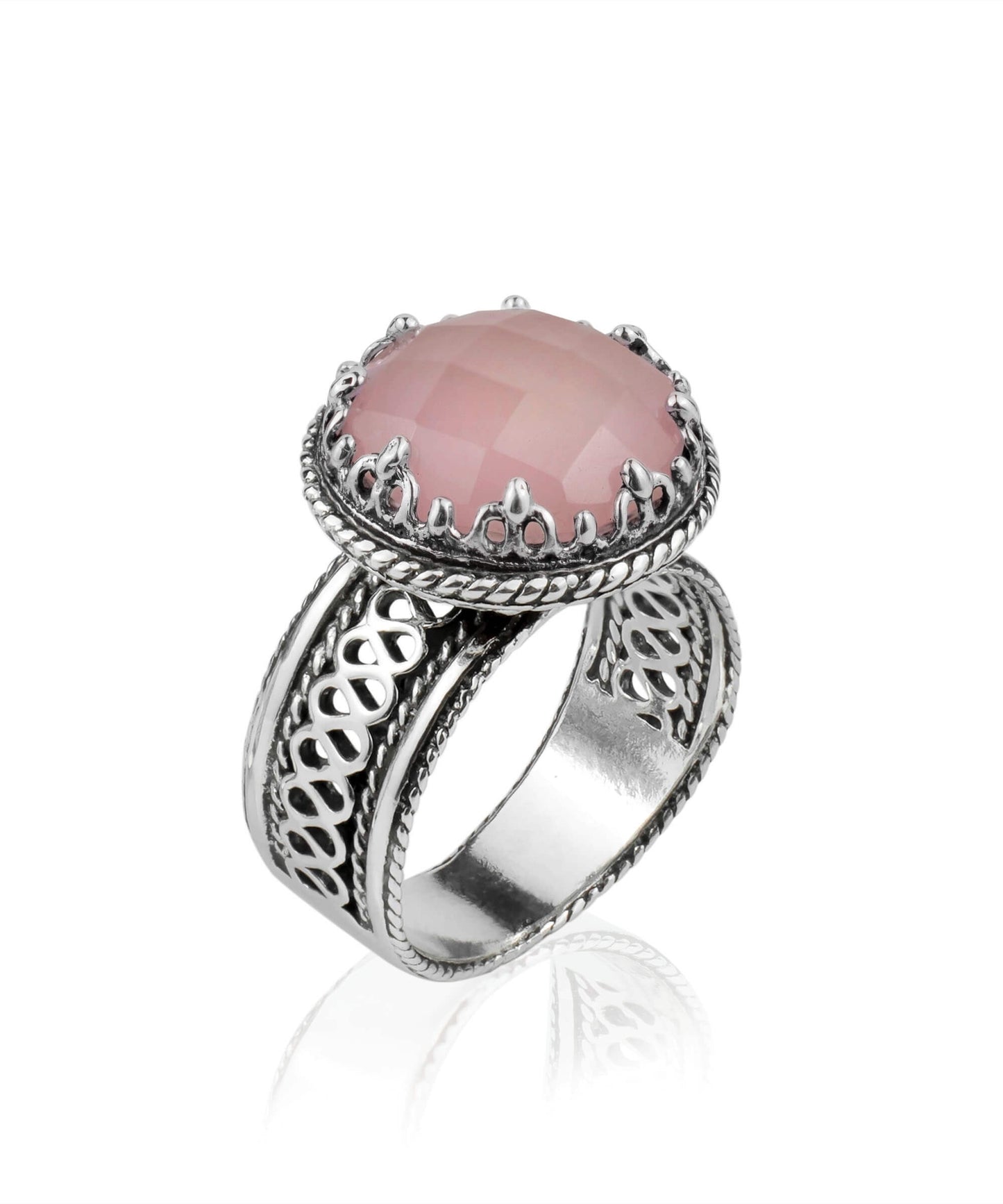 Filigree Art Pink Chalcedony Gemstone Women Silver Cocktail Ring