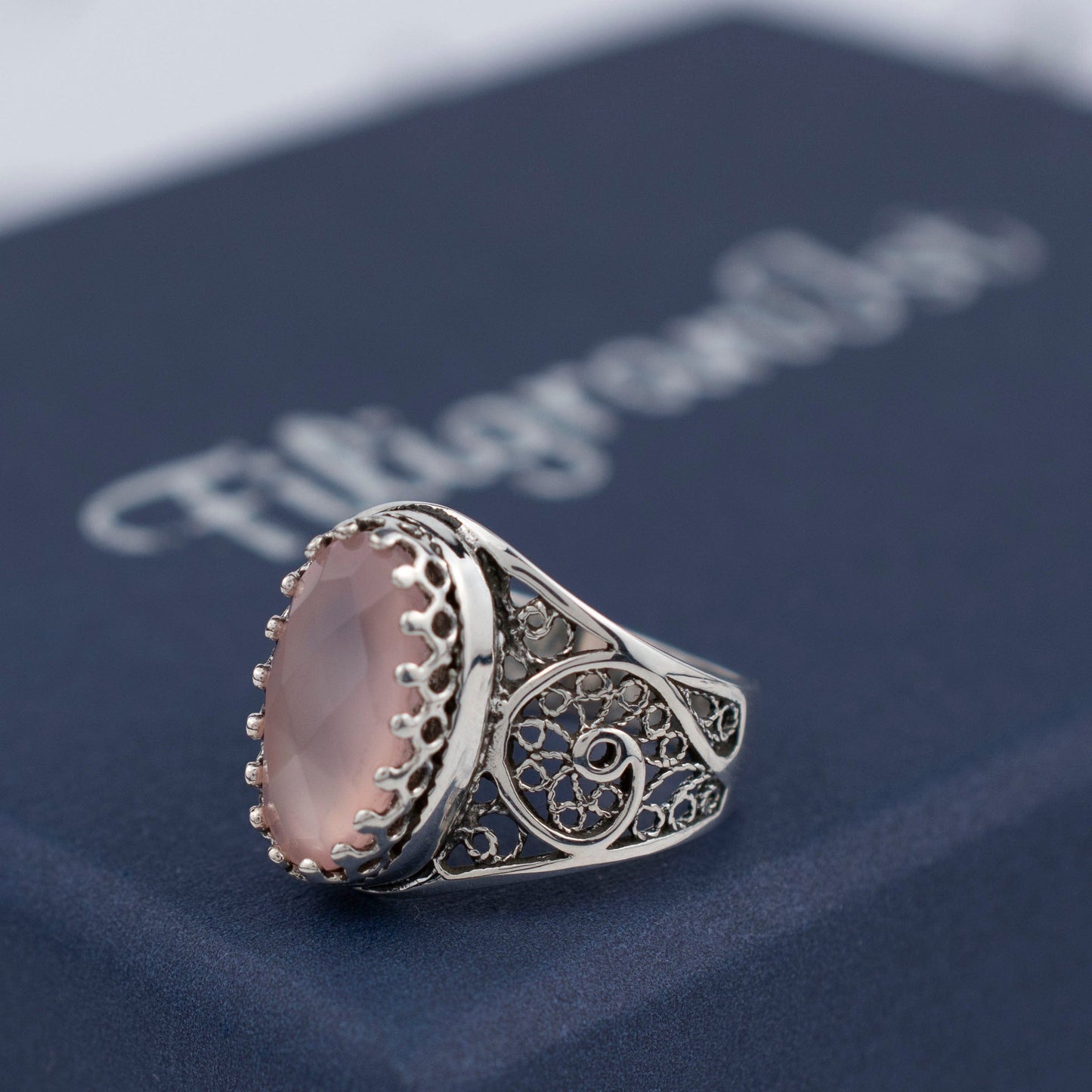 Filigree Art Pink Chalcedony Gemstone Women Oval Silver Cocktail Ring