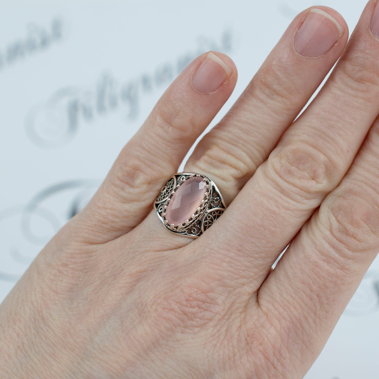 Filigree Art Pink Chalcedony Gemstone Women Oval Silver Cocktail Ring