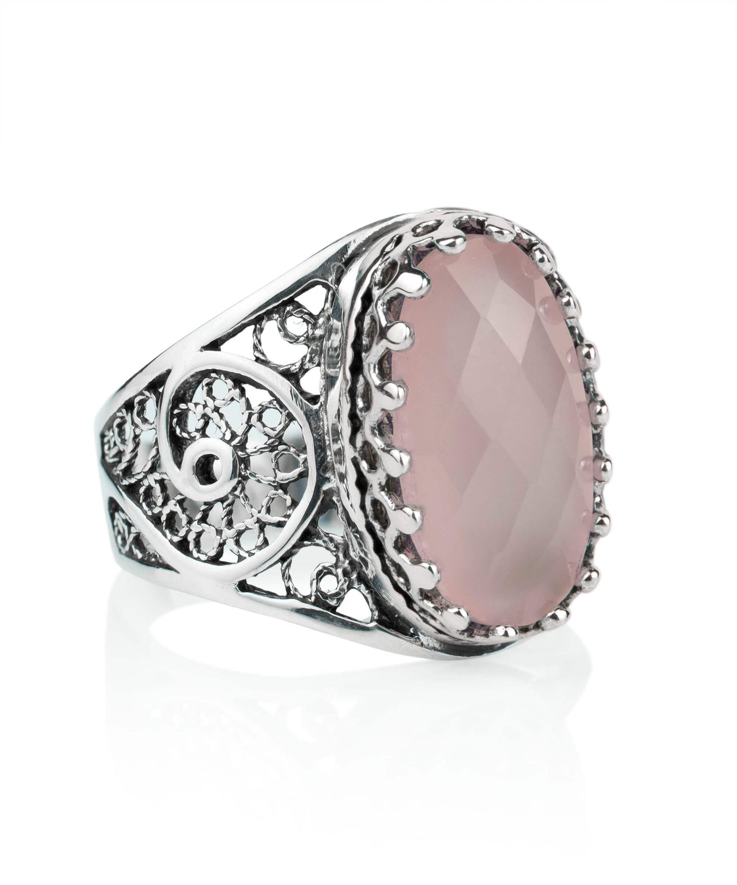 Filigree Art Pink Chalcedony Gemstone Women Oval Silver Cocktail Ring