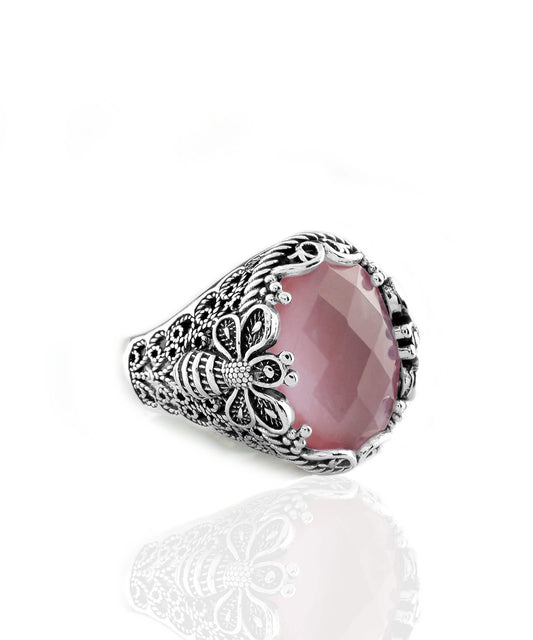 Filigree Art Bee Detailed Pink Chalcedony Gemstone Women Silver