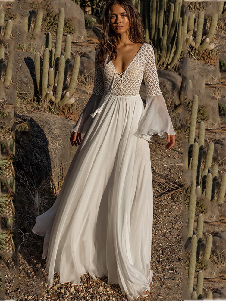 Fitshinling Beach Wedding Backless Lace Dress V Neck