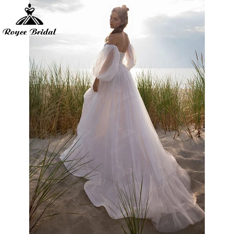 Beach Long Lantern Sleeve Off the Shoulder Backless Sweetheart Wedding