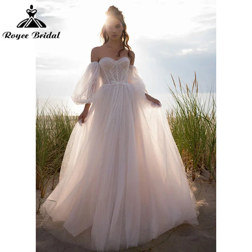 Beach Long Lantern Sleeve Off the Shoulder Backless Sweetheart Wedding