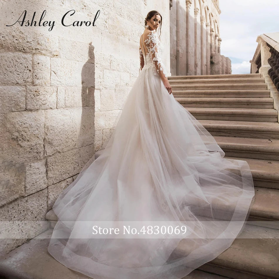 Ashley Carol White Mermaid Wedding Dress Detachable Train Lace Sleeve