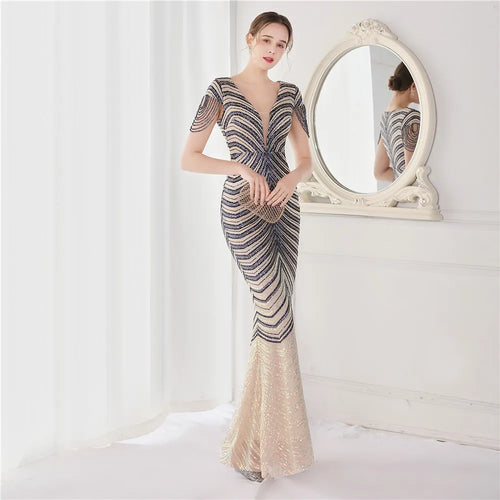 DEERVEADO Elegant V Neck Mermaid Evening Dress Long Luxury Beads Women