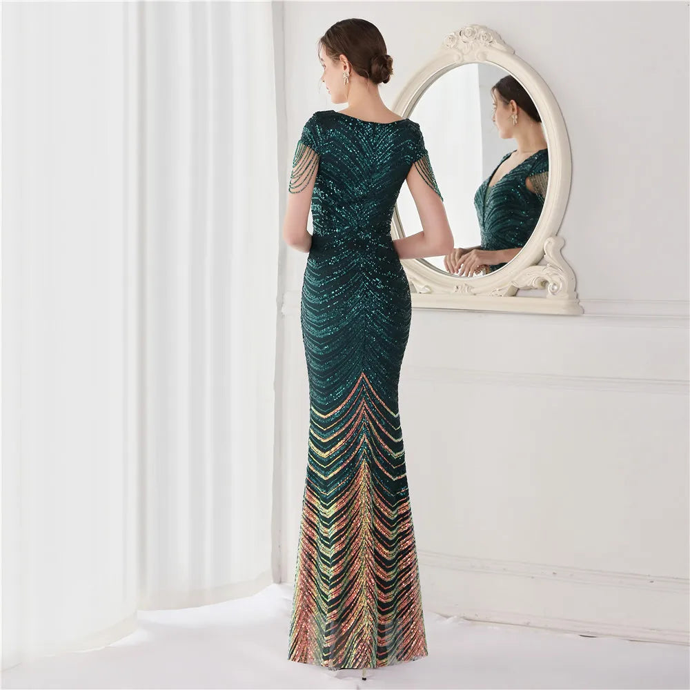 DEERVEADO Elegant V Neck Mermaid Evening Dress Long Luxury Beads Women