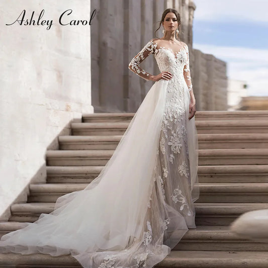 Ashley Carol White Mermaid Wedding Dress Detachable Train Lace Sleeve