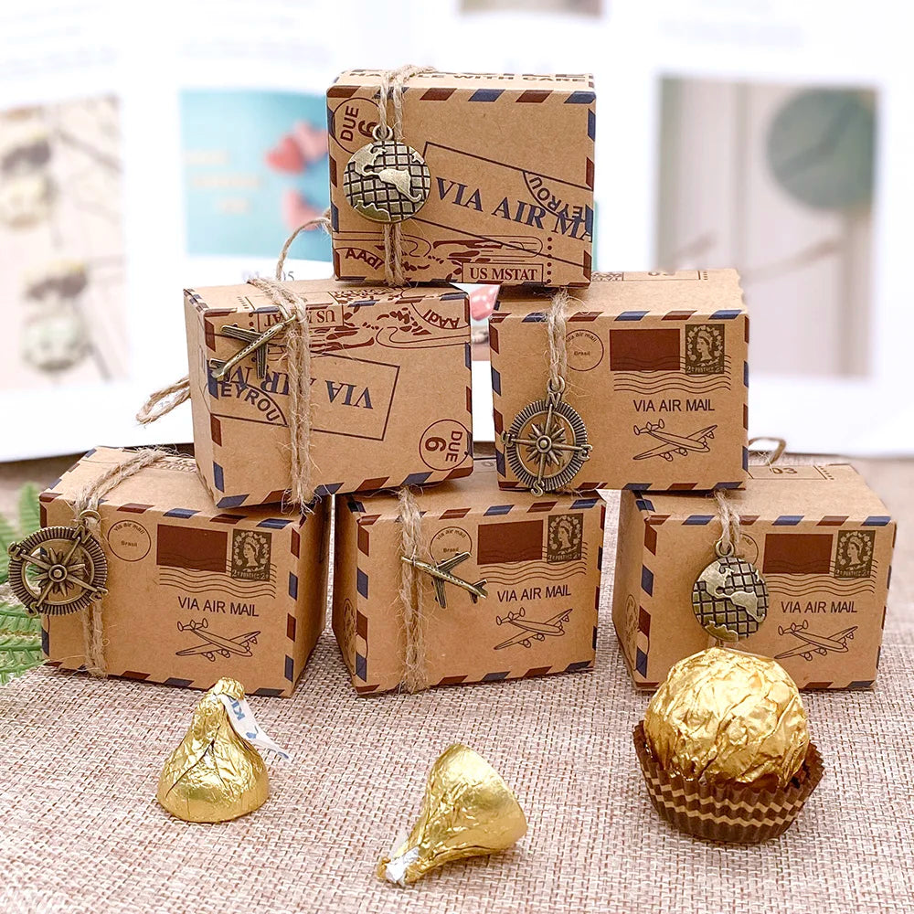 100 pcs Airplane Theme Vintage Favors Kraft Paper Candy Box Travel Air