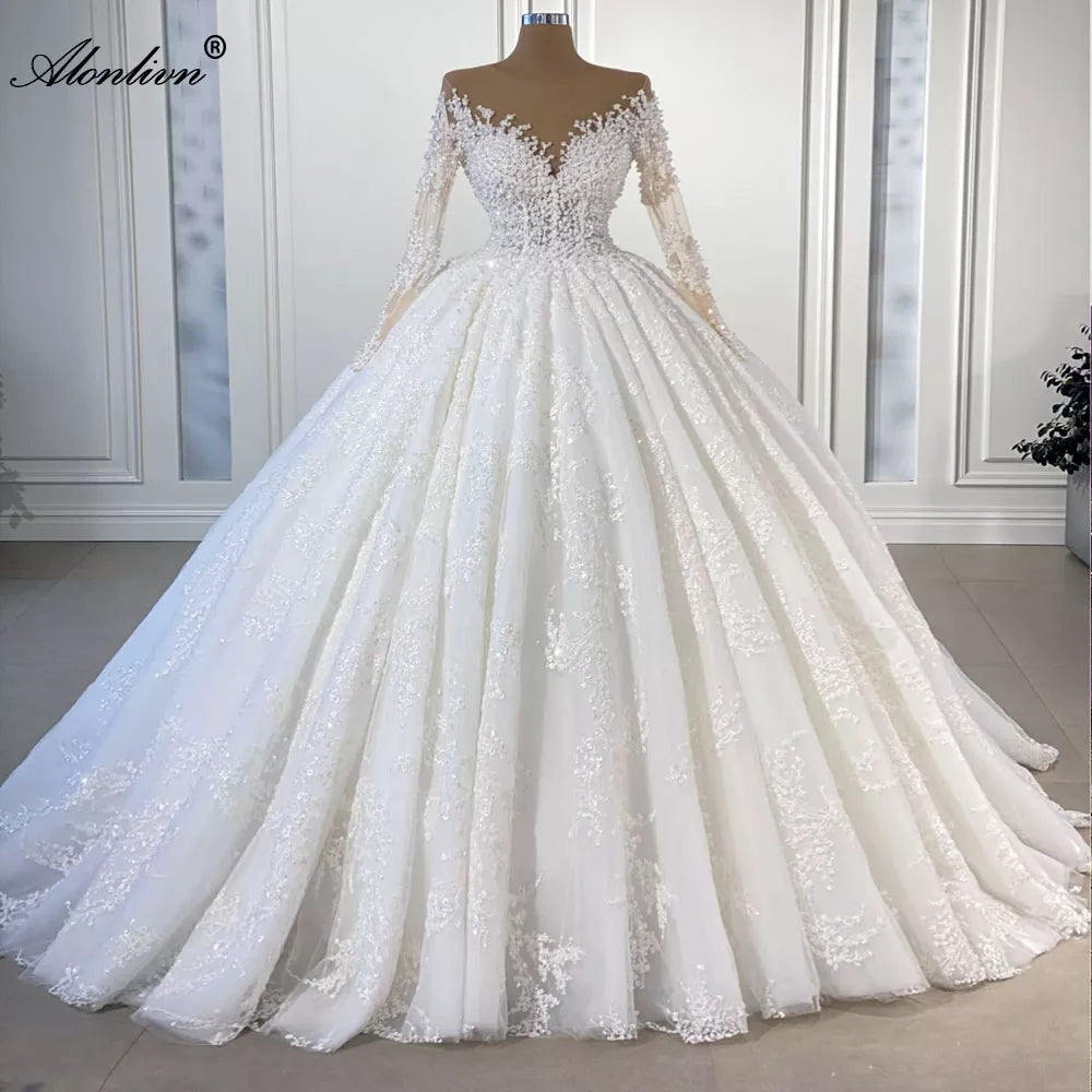 Alonlivn Elegant Silky Lace Of V-Neck Full Sleeve A Line Wedding Dress