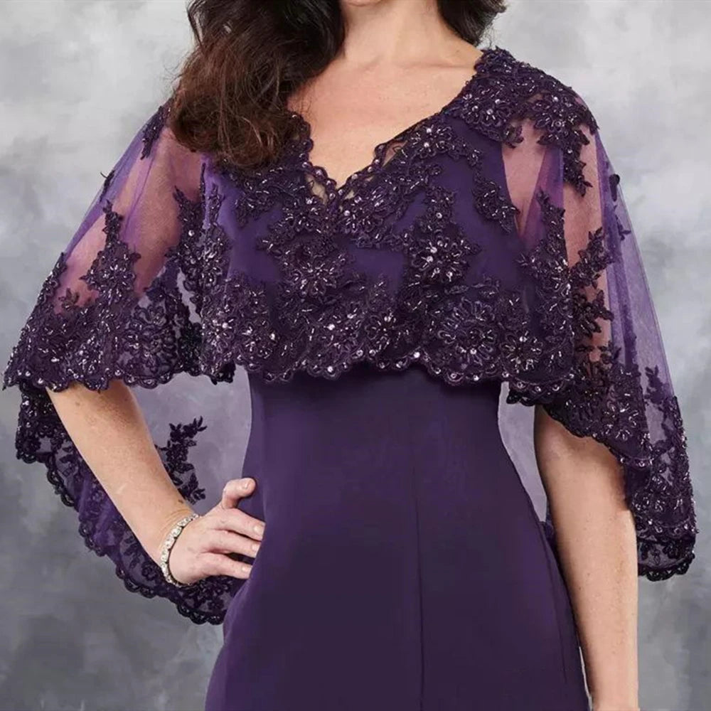 Long Purple Mother of the Bride Dress with Cape Shawl Wrap Sparkly