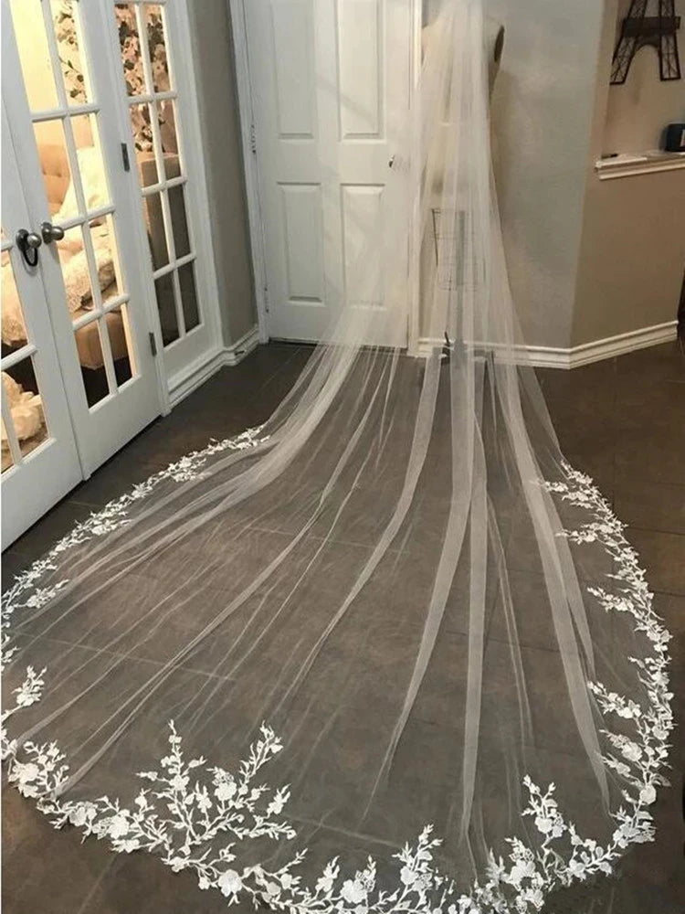 Long Bridal Cathedral Wedding Veil Lace Floral Appliqued Edge