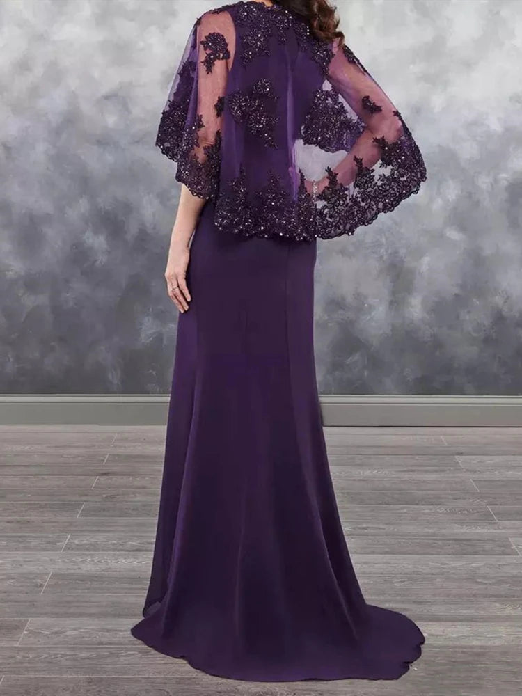 Long Purple Mother of the Bride Dress with Cape Shawl Wrap Sparkly