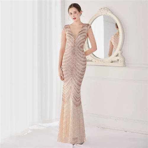 DEERVEADO Elegant V Neck Mermaid Evening Dress Long Luxury Beads Women