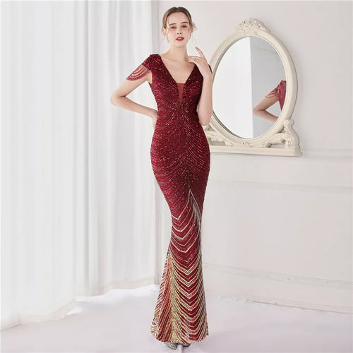 DEERVEADO Elegant V Neck Mermaid Evening Dress Long Luxury Beads Women