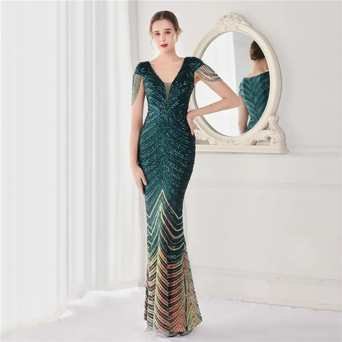 DEERVEADO Elegant V Neck Mermaid Evening Dress Long Luxury Beads Women