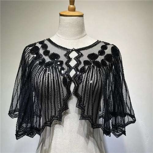 Vintage 1920s Flapper Style Shawl Sequin Beaded Decoration Short Cape