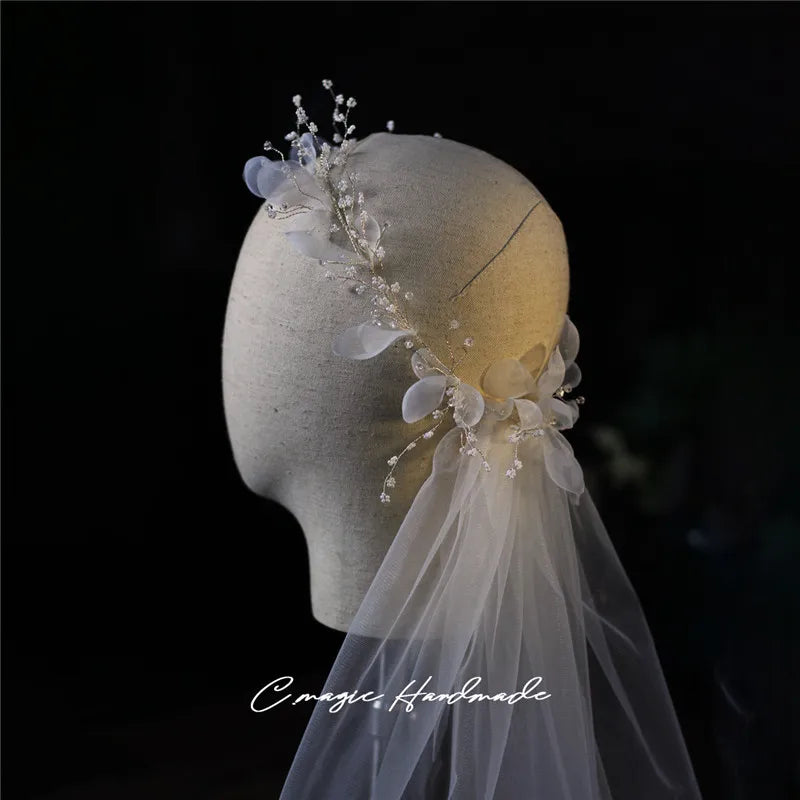 CC Bridal Veil Wedding Flower Crown With Comb