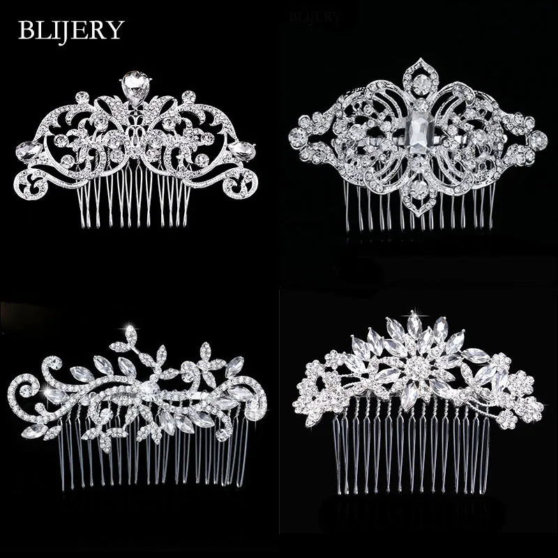 BLIJERY Trendy Bridal Hair Accessories Silver Color Rhinestone Crystal