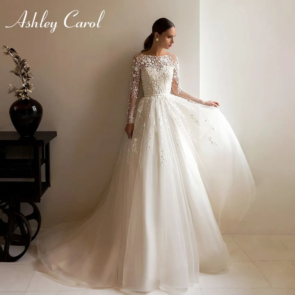 Ashley Carol White Elegant A-Line Romantic Wedding Dress