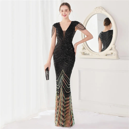 DEERVEADO Elegant V Neck Mermaid Evening Dress Long Luxury Beads Women