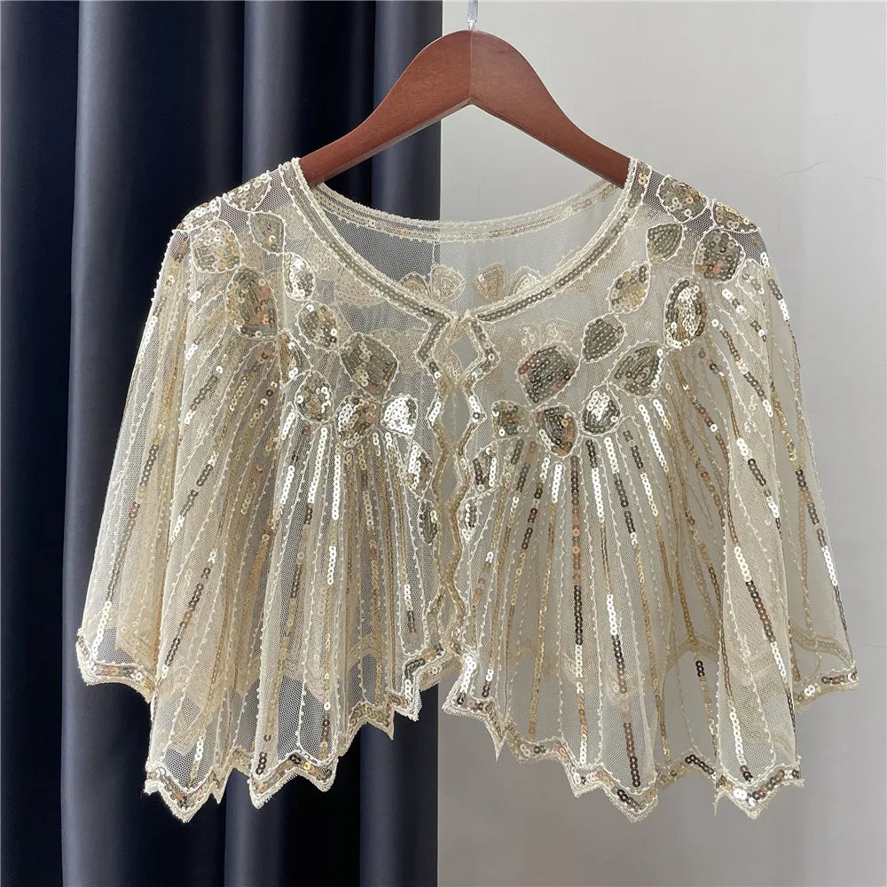 Vintage 1920s Flapper Style Shawl Sequin Beaded Decoration Short Cape