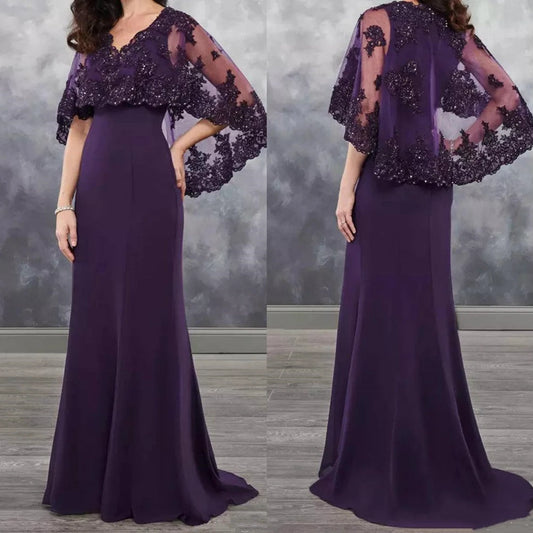 Long Purple Mother of the Bride Dress with Cape Shawl Wrap Sparkly