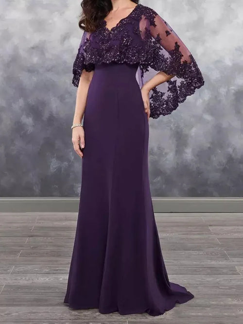 Long Purple Mother of the Bride Dress with Cape Shawl Wrap Sparkly