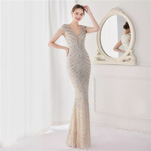 DEERVEADO Elegant V Neck Mermaid Evening Dress Long Luxury Beads Women