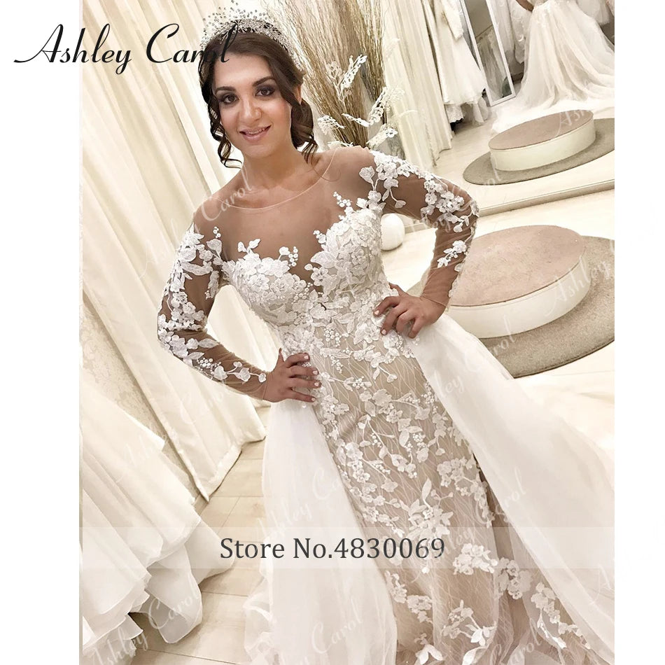 Ashley Carol White Mermaid Wedding Dress Detachable Train Lace Sleeve