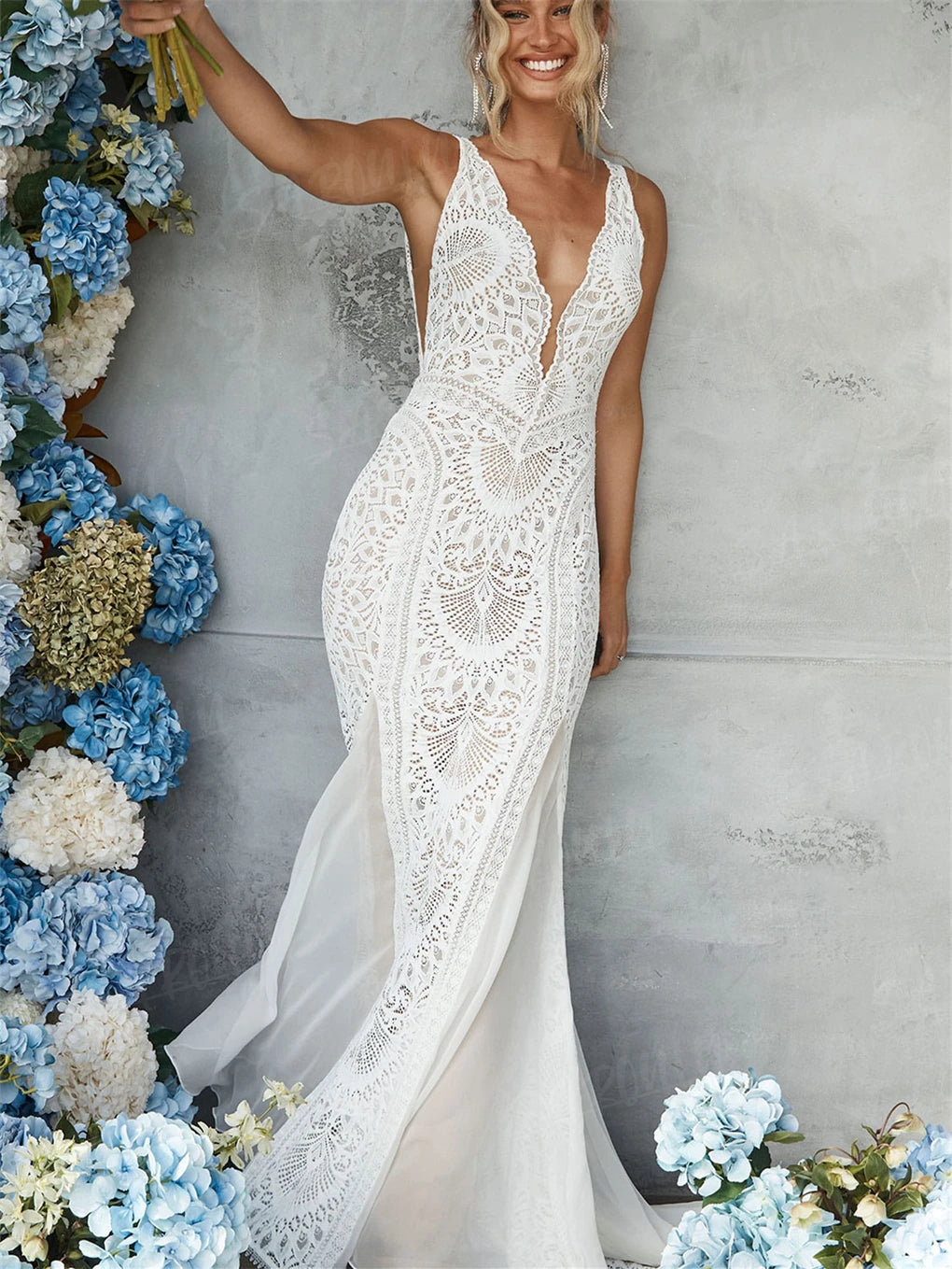 Popular Bohemian Long Wedding Dress Deep V Neck Lace Bride Dresses