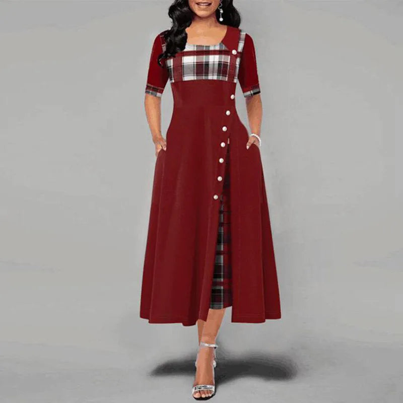 Women's Fashion Half Sleeve Plaid Print Button Detail Maxi Dress