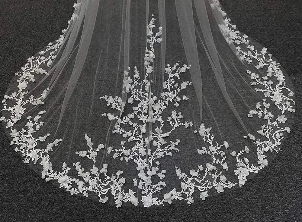 Wedding Veil 3D Petals Flowers Floral Veil 1 Tier Long Cathedral Lace