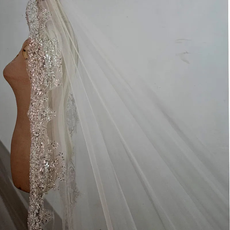 Full Crystal Pearl Lace Veil Bridal Cathedral Luxury New Bridal